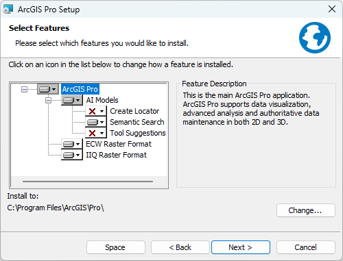 Select Features panel with default settings for a new installation