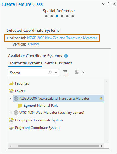 The Spatial Reference page of the Create Feature Class pane