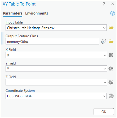 XY Table To Point dialog box