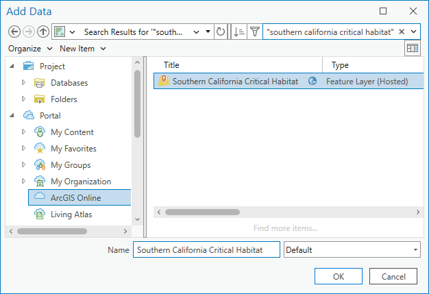 Southern California Critical Habitat layer selected on the browse dialog box