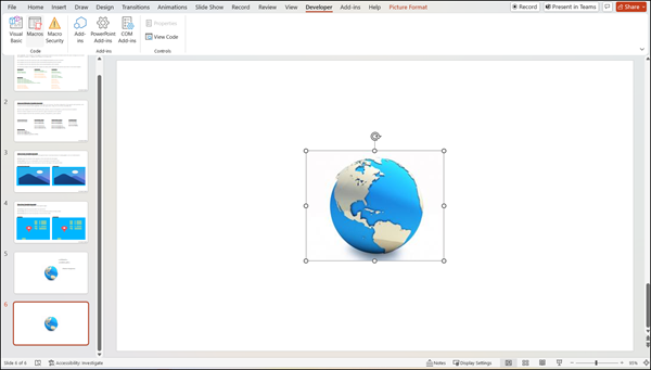 Image selected in the template before setting the macro