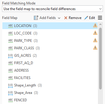 Merge field map for park layers