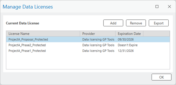 Manage Data Licenses dialog box