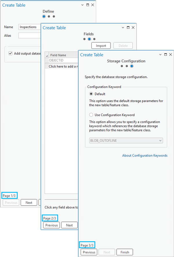 Create Table wizard dialog box options