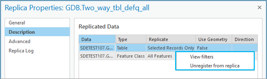 On the Replica Properties dialog box, on the Description tab, select View filters or Unregister from replica.