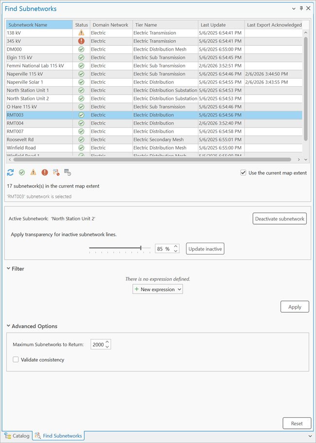 The Find Subnetworks pane displaying subnetworks found in the current extent of the map