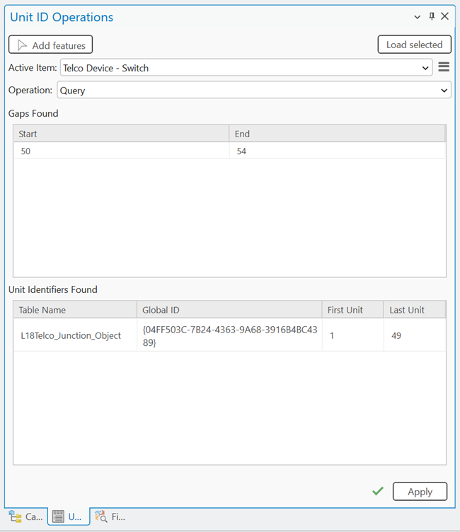 The Unit ID Operations pane reporting a gap starting at unit ID 12 for 2 units