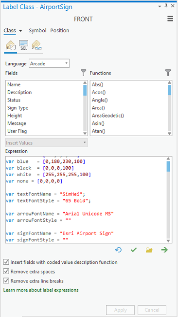 The Label Class properties for the AirportSign layer
