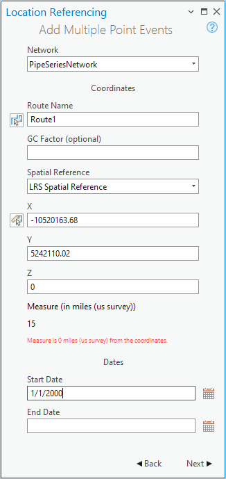 Add Multiple Point Events pane with Coordinates section