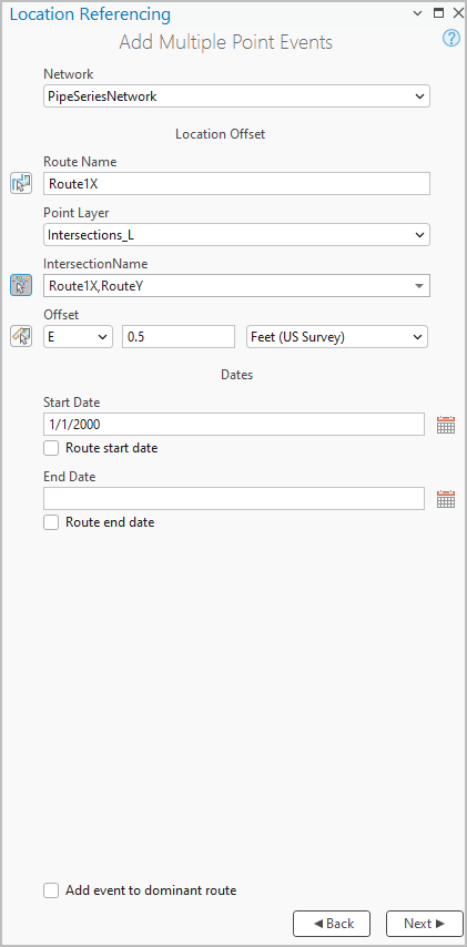 Add Multiple Point Events pane with Location Offset method