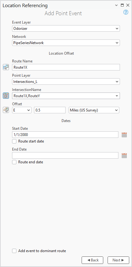 Add Point Event with Location Offset section