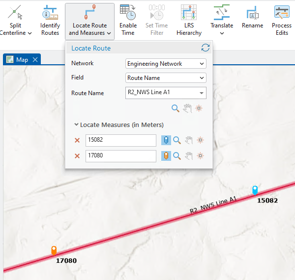 Locate Route options after measure markers are set