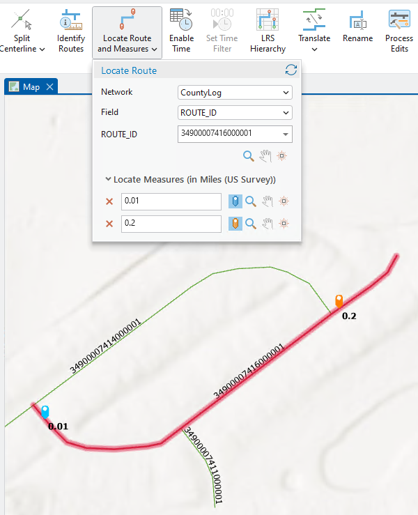 Locate Route options after measure markers are set