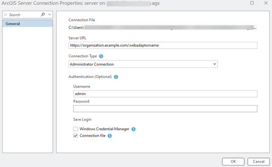 ArcGIS Server Connection Properties window
