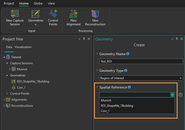 Spatial reference drop-down menu