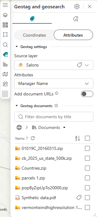 Geotag documents section of the Geotag and geosearch pane
