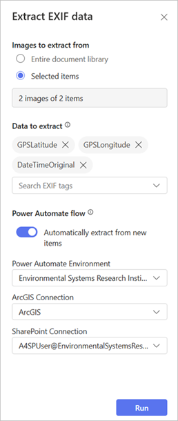 Extract EXIF data pane with flow turned on