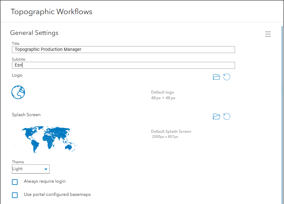 Topographic Production Manager dialog box with options to configure an app logo or splash screen under General Settings