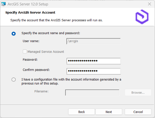 Cuadro de diálogo Especificar cuenta de ArcGIS Server