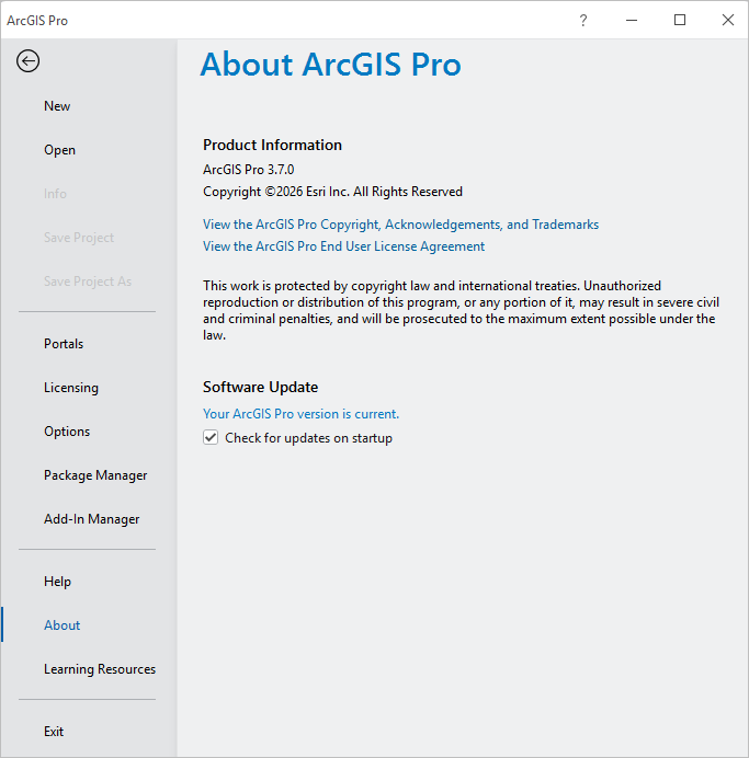 Página Acerca de ArcGIS Pro