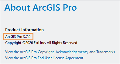 Versión del producto mostrada en la página Acerca de ArcGIS Pro