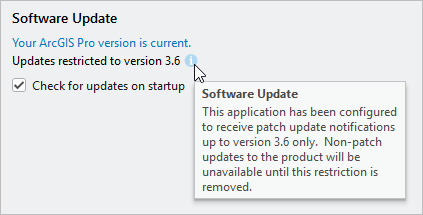 Página Acerca de ArcGIS Pro con las actualizaciones de software restringidas a la versión 3.4