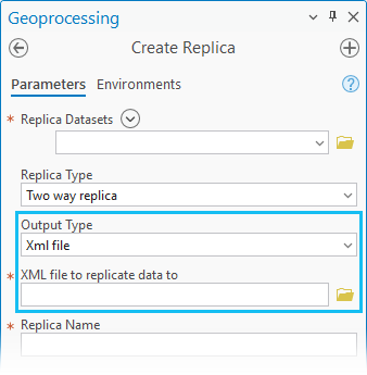 Al utilizar la herramienta de geoprocesamiento Crear réplica, el Tipo de salida ahora se puede configurar en Geodatabase o en un archivo XML, que funciona bien en entornos sin conexión.