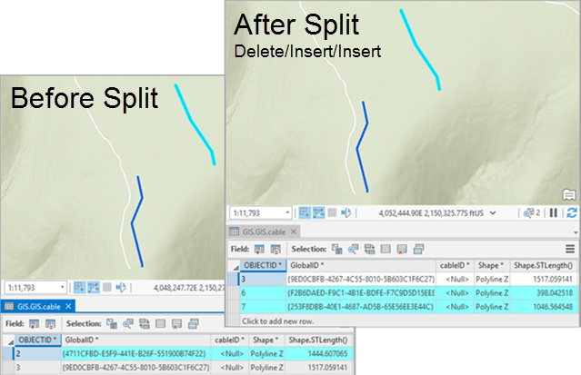 Antes y después de una edición con el modelo de división Eliminar/insertar/insertar