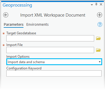 Herramienta Importar documento XML del espacio de trabajo con la opción Importar los datos y el esquema seleccionada en el parámetro Opciones de importación