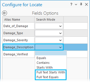 Opciones del modo de búsqueda de texto completo al configurar la vista Localizar en el panel Localizar