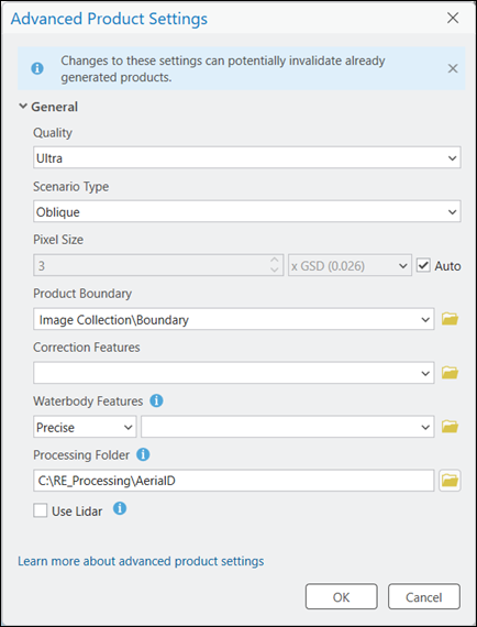 Cuadro de diálogo Configuración avanzada de productos para generar un producto de Splat gaussianas