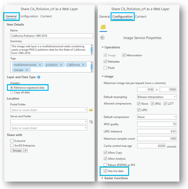 Configuración recomendada en el panel Compartir como capa web para actualizar los servicios de imágenes