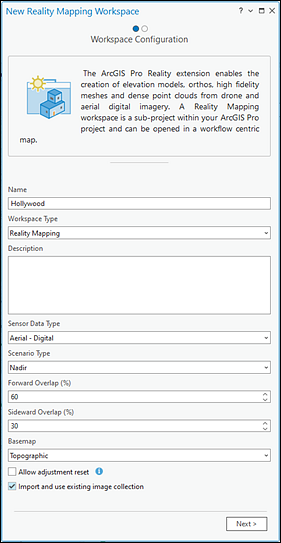 Página Configuración de espacio de trabajo para datasets de mosaico