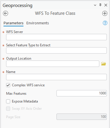 Cuadro de diálogo de la herramienta de geoprocesamiento De WFS a clase de entidad