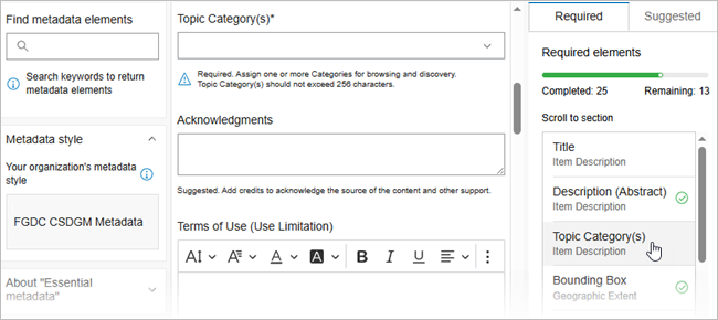 La página Metadatos esenciales del editor de metadatos de ArcGIS tiene tres columnas con los elementos obligatorios enumerados en la tercera columna.