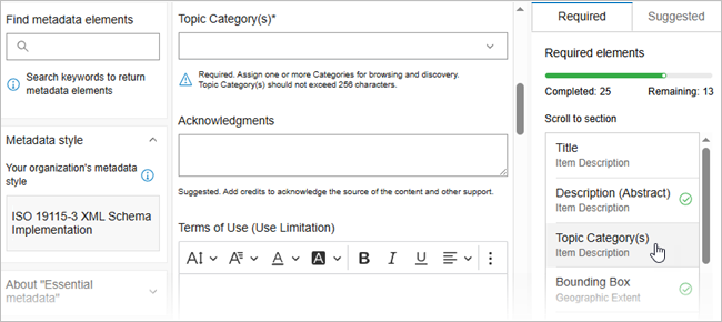 La página Metadatos esenciales del editor de metadatos de ArcGIS tiene tres columnas con los elementos obligatorios enumerados en la tercera columna.