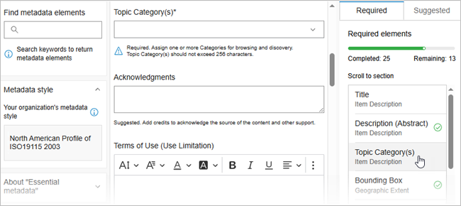La página Metadatos esenciales del editor de metadatos de ArcGIS tiene tres columnas con los elementos obligatorios enumerados en la tercera columna.