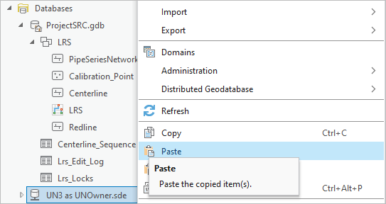 Pegar el dataset de entidades de LRS en la geodatabase de destino
