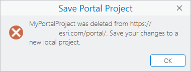 Mensaje de error que indica que se ha eliminado el proyecto del portal