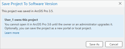 Cuadro de mensaje Guardar proyecto en la versión de software para un usuario que no sea el propietario del proyecto