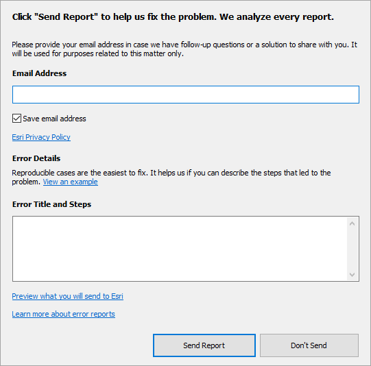 Cuadro de diálogo Informe de error.