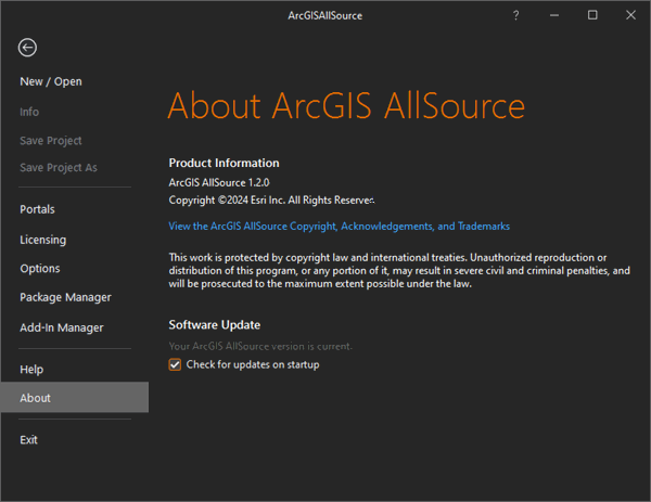 Paramètres ArcGIS AllSource avec sélection de la page À propos
