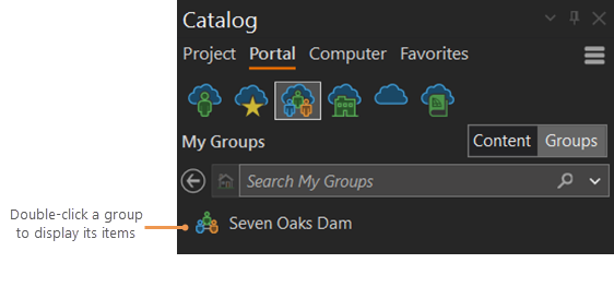 Liste des groupes de Mes groupes dans la fenêtre Catalogue