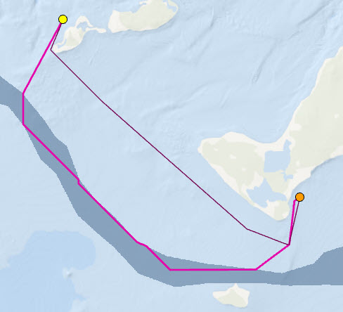 La ligne magenta représente le trajet le plus rapide pour atteindre le deuxième port de plaisance en utilisant le courant