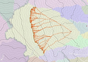 Carte des chemins ayant pour origine la destination surfacique et impliquant le même coût pour retourner à la source