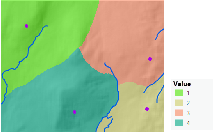 Carte du territoire accessible par les gardes à pied depuis chaque poste