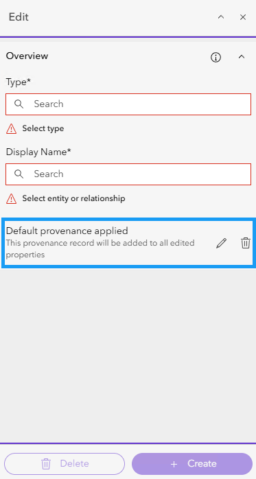 La provenance par défaut est appliquée dans le projet. Le titre indiqué dans sourceName (Nomsource) apparaît comme titre de la provenance par défaut dans le volet Edit (Modifier).