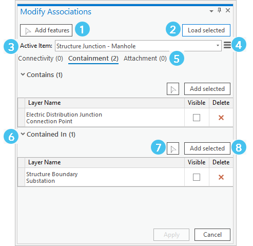 Éléments de la fenêtre Modify Associations (Modifier des associations)
