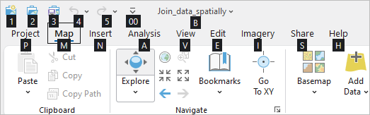 Ruban ArcGIS Pro avec les touches d’accès affichées