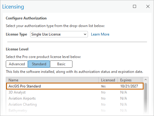 L’attribution d’une licence ArcGIS Proo s’effectue dans la boîte de dialogue Licensing (Licences).